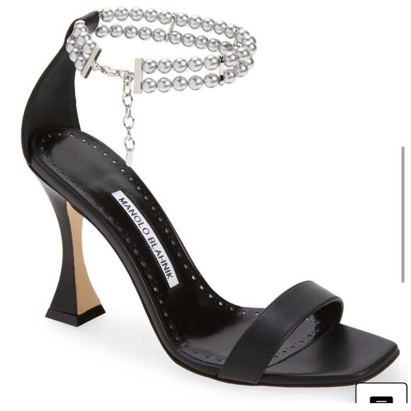 Manolo Blahnik Charona Black Leather Pearl Ankle Strap High Heel Sandals 40.5 - Picture 1 of 12